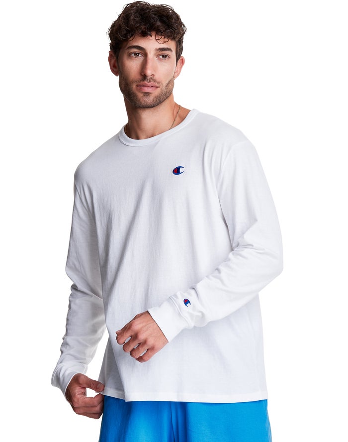 Champion T-Shirt Heren - Wit - Long-Sleeve Lightweight C Logo ( 507943-NUI )